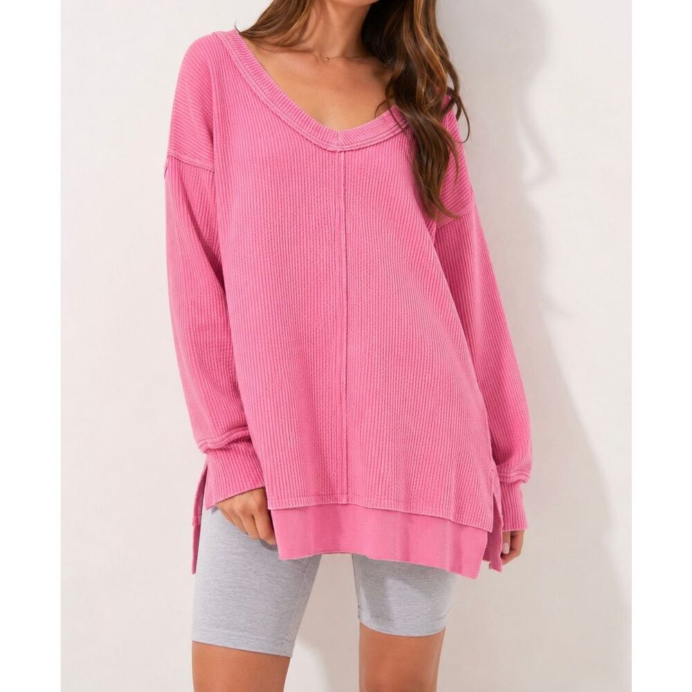 Aerie Pink Waffle Knit Oversized Tunic Top Size M Cozy Lounge Casual